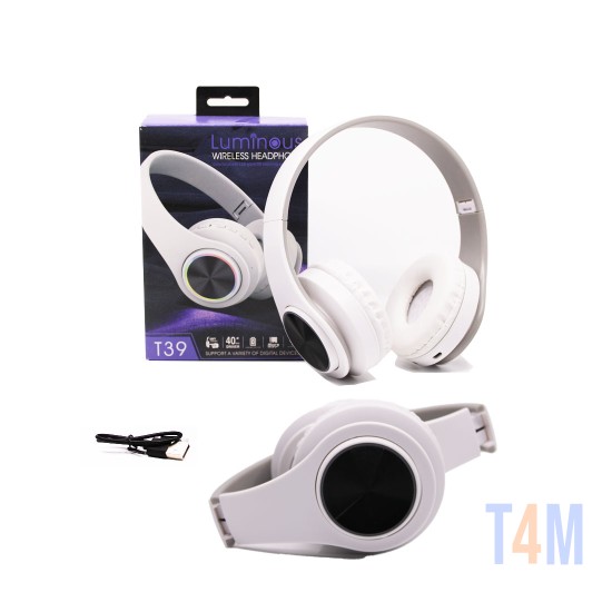 LUMINOUS WIRELESS HEADPHONE T39 TF/MICRO SD/HANDS-FREE WITH COLORFUL LED AND NOISE-CANCELING FEATURE 400MAH WHITE